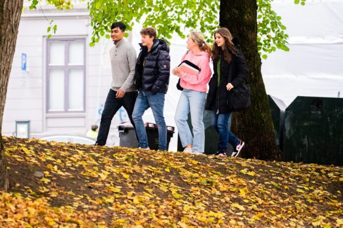 Fire elever går utendørs